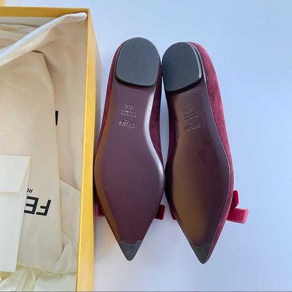 FENDI Velvet-trimmed suede point toe flats 35.5 burgundy wine red ribbon laced - Picture 6 of 7